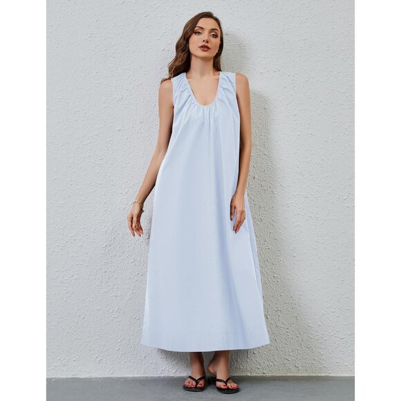 Women Cotton Maxi Dress Sleeveless Ruched Pockets Casual Vacation Summer - Picture 4 of 4